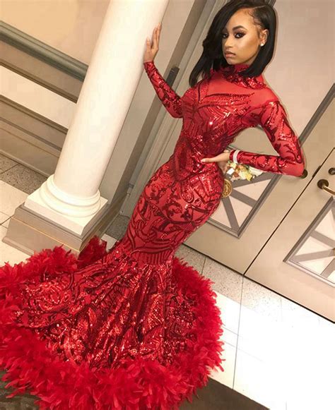 2019 red long sleeve mermaid prom dresses with feathers sweep train high neck elegant black