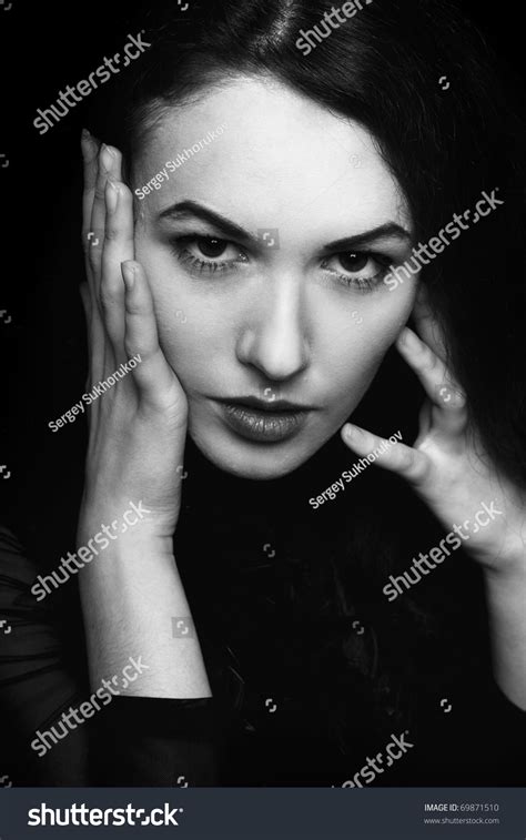 Black And White Portrait Of Passionate Young Woman Stock