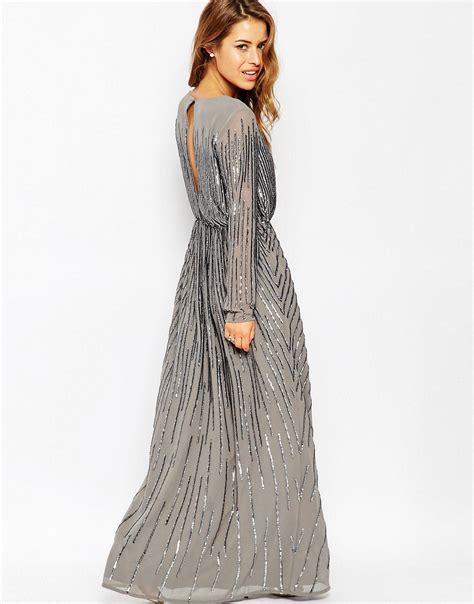 Asos Synthetic Petite Linear Sequin Long Sleeve Maxi Dress In Gray Lyst