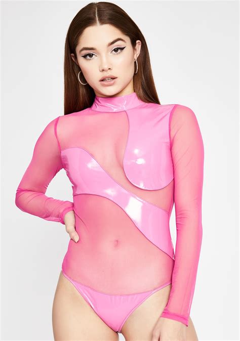 vinyl mesh bodysuit sheer long sleeve bubblegum hot pink dolls kill