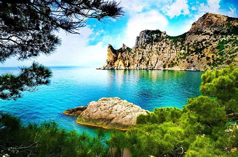 Landscape With Sea And Mountain Rocks Grass Bonito Sea Mountain