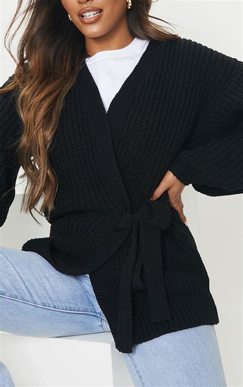 Black Chunky Long Line Belted Cardigan Prettylittlething