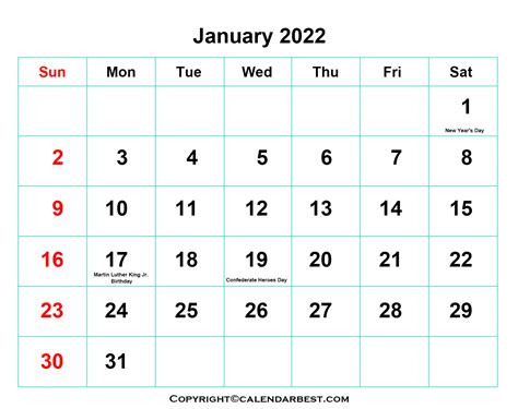 Free Printable January Calendar 2022 With Holidays