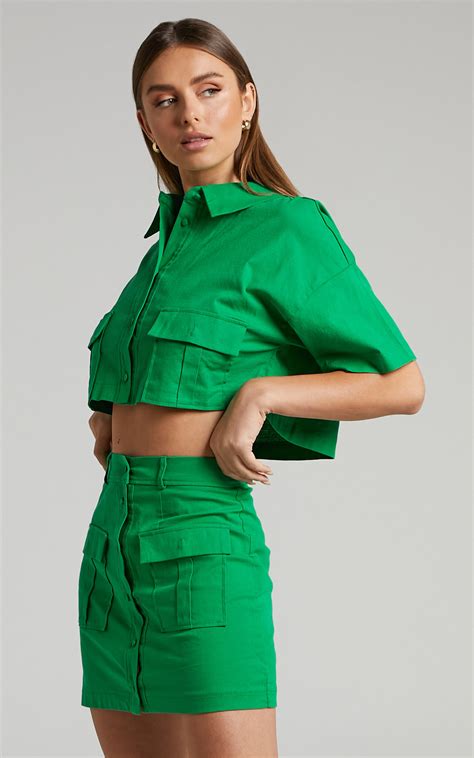 Navine Two Piece Set Button Front Crop Top And Cargo Pocket Mini