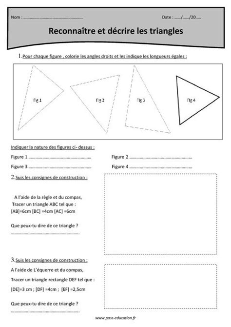 Définitions, théorèmes, inégalités triangulaires et droites remarquables d'un triangle : Triangles - Reconnaître et décrire - Cm1 - Exercices avec ...