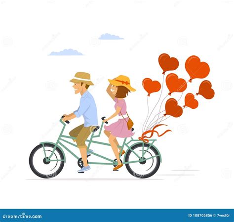Cute Romantic Cheerful Couple Riding Tandem Bike Stock Vector