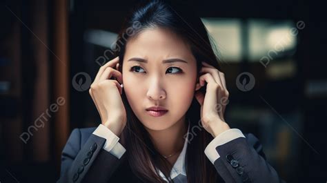 Young Asian Woman Holds Her Ear Background Business Woman Covering Her