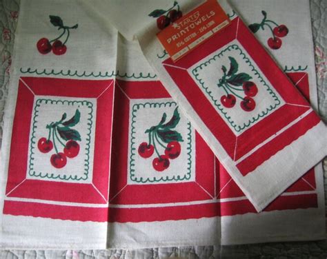 Vintage Red Cherries Kitchen Tea Towels Fabulous Mid Century Etsy