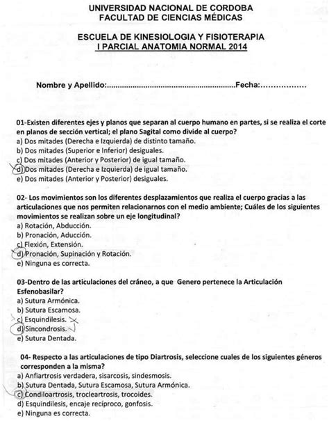 Modelo De Examen PRIMER PACIAL ANATO Anatomia Kinesiologia Y