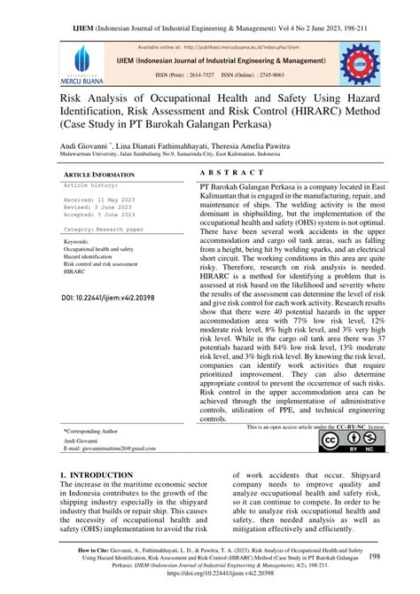 Pdf Risk Analysis Of Occupational Health And Safety Using Hazard