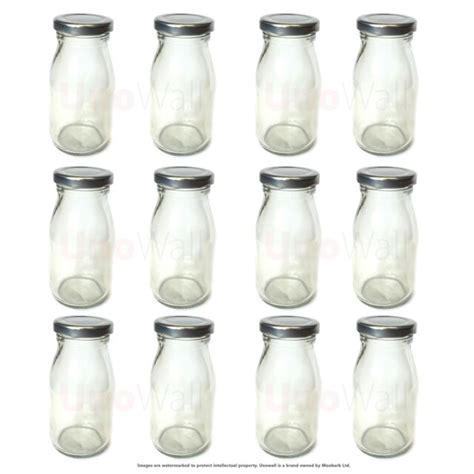 Set Of 12 Classic Mini Glass Milk Bottles With Silver Lids 200ml Ebay