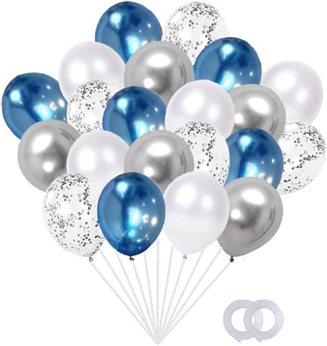 60 Pcs Metallic Blue And Silver Confetti Balloons 12 Inch White Pearl