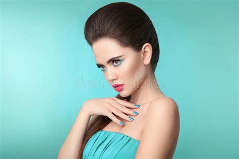 Makeup Manicured Nails Beauty Girl Portrait Red Lips Stock Photo