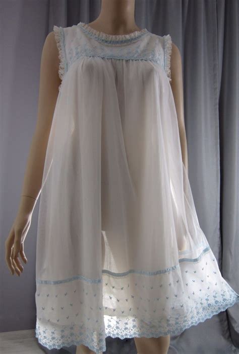 Vintage S White Sheer Chiffon Overlay Babydoll Nightie Nightgown