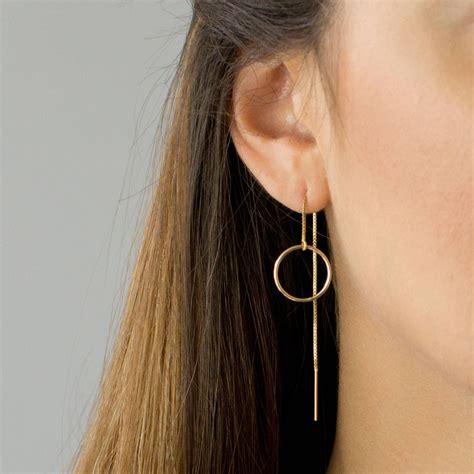 Circle Threader Earrings Long Dangle Earrings Dainty Etsy Threader Earrings Gold Long