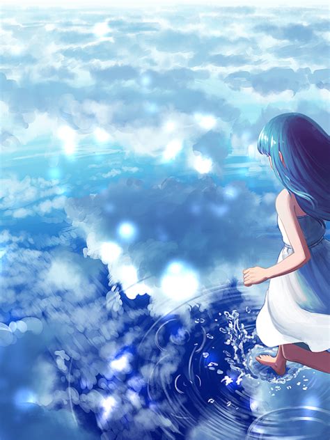 Download 600x800 Anime Girl Clouds Water Walking On