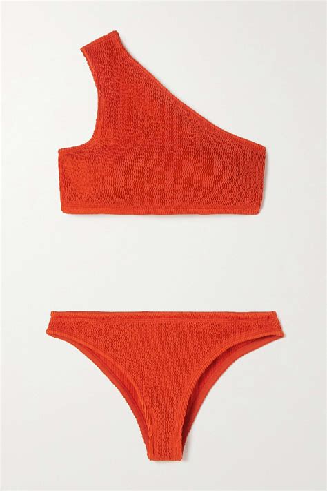 Bottega Veneta One Shoulder Seersucker Bikini Red Editorialist