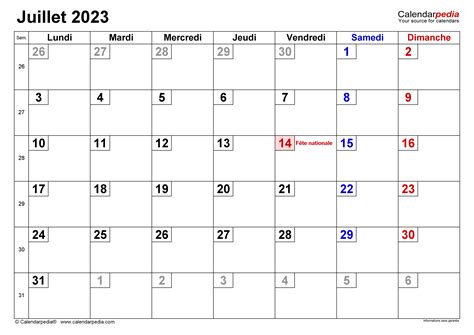 Calendrier Juillet 2023 Excel Word Et Pdf Calendarpedia