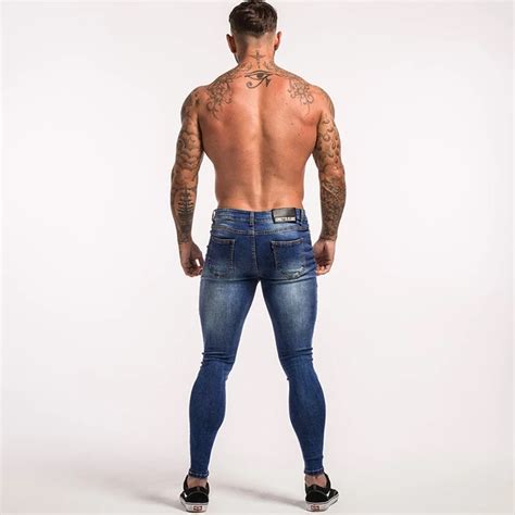 Dark Blue Skinny Ripped Jeans For Men Tight Pant Slim Fit Stretch