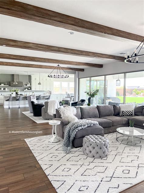 Wood Beams In Greatroom At Modern Farmhouse Glam Modern Farmhouse Glam