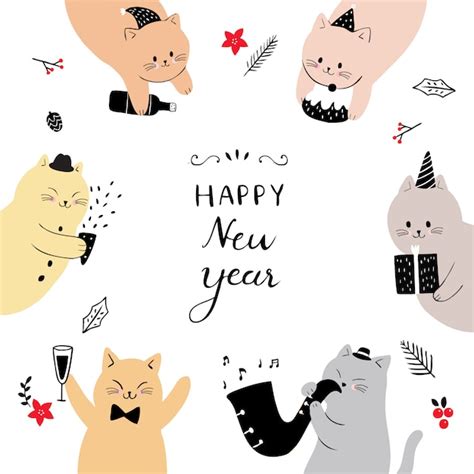 Premium Vector Cartoon Cute Cat Happy New Year Vector