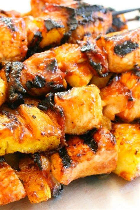 Remove from the grill and baste with reserved sauce. BBQ CHICKEN PINEAPPLE KABOBS with BACON | Chicken kabob ...