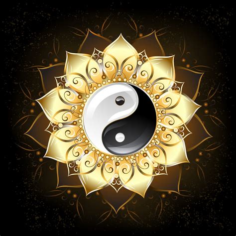 The Yin Symbol Is Surrounded By Gold And Black Flowers