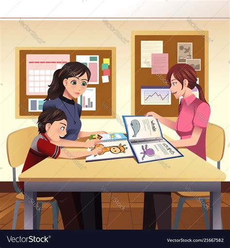 A Vector Illustration Of Parents And Teacher Meeting Discussing In The