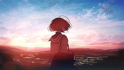 Wallpaper Id 579842 2k Moescape Short Hair Sunset Anime Anime