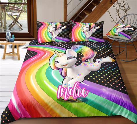 Personalized Custom Rainbow Jumping Unicorn Bedding Set Unilovers
