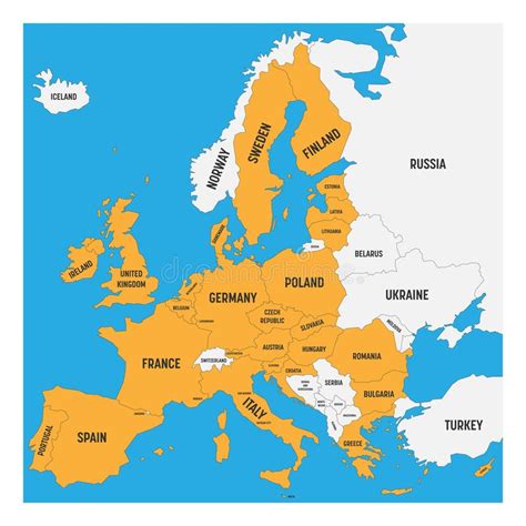 Political Map Of Europe With White Land And Yellow