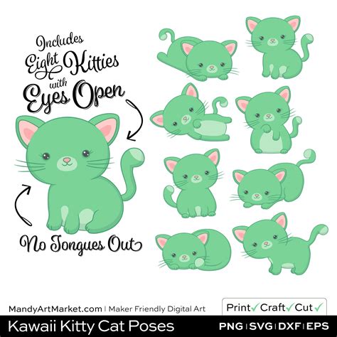 Light Fern Green Kawaii Kitty Cat Poses Clipart On Wood Background
