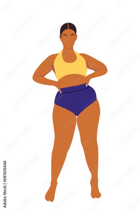 Curvy Bikini Woman Pretty Plus Size Girl In Swimsuit Standing Front View Cartoon Realistic