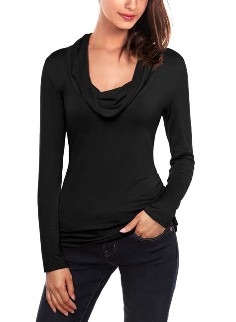 Women Cowl Neck Long Sleeves Stretch Bodycon Tops Casual Slim Fit