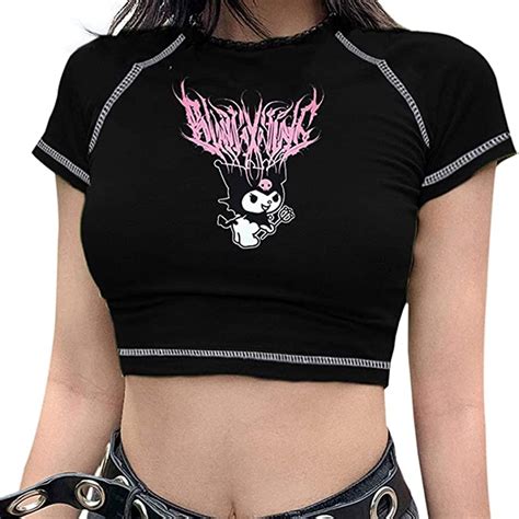 Damen Gothic Grafikdruck Crop Top T Shirt Bauchfrei Teenager Mädchen