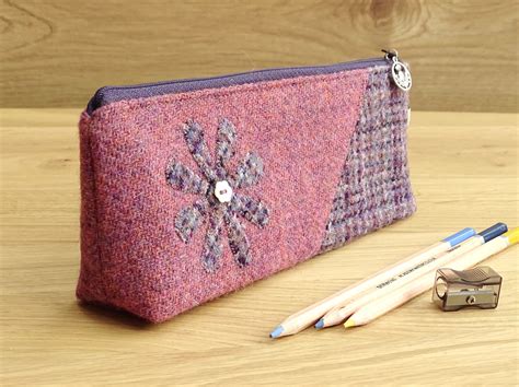 Harris Tweed Pencil Case With Pink Flower Long Pouch Etsy Uk