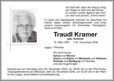Traueranzeigen Von Traudl Kramer Augsburger Allgemeine Zeitung