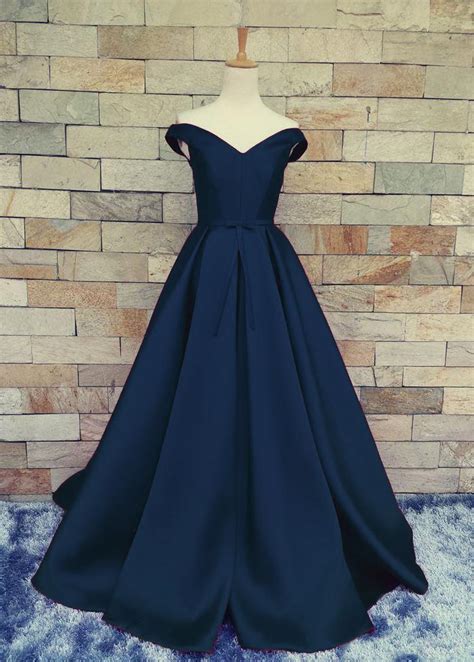 Charming Navy Blue Satin V Neckline Off Shoulder Lace Up Prom Gowns