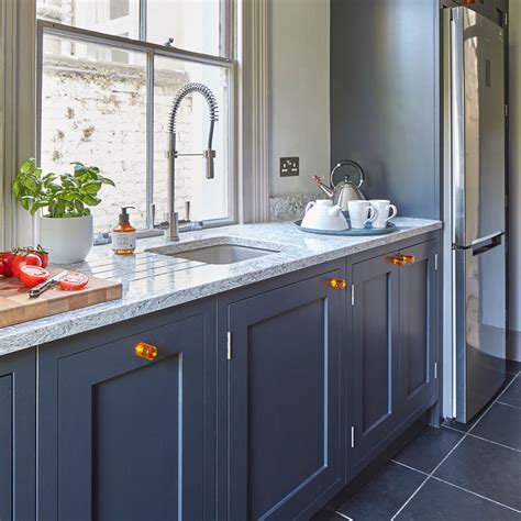 Kitchen worktop laminate grey marble matte 3000x650x58cm water repellent treatment. Kitchen makeover with dark blue units and walnut worktops ...