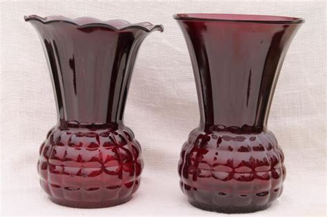 Vintage Anchor Hocking Royal Ruby Red Glass Vases Large Flower Vase Crimped And Plain