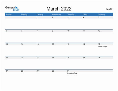 March 2022 Monthly Calendar With Malta Holidays