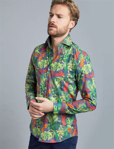 Mens Curtis Blue And Green Tropical Print Slim Fit Smart Casual Shirt
