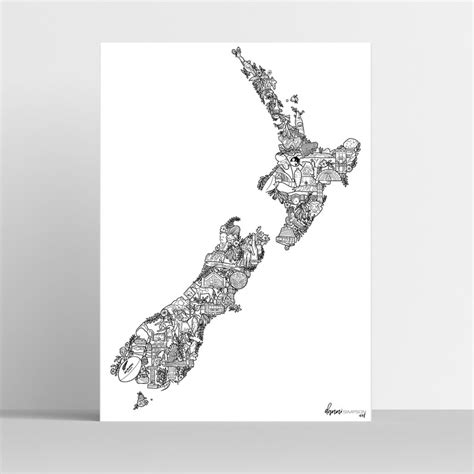 New Zealand Map Illustration Art Print Nz Poster New Zealand Etsy