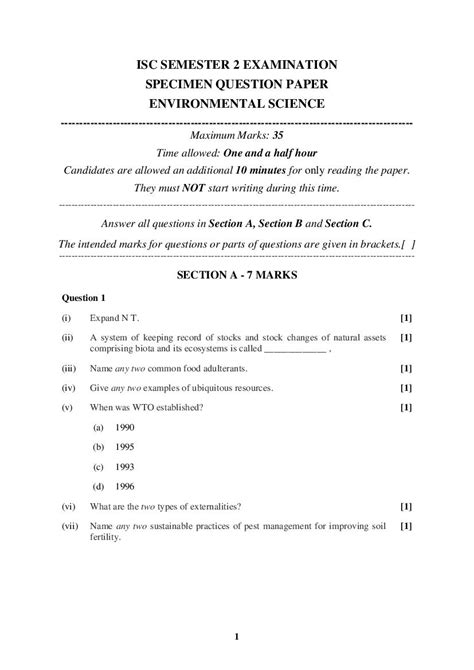 Isc Class Specimen Paper Environmental Science Semester