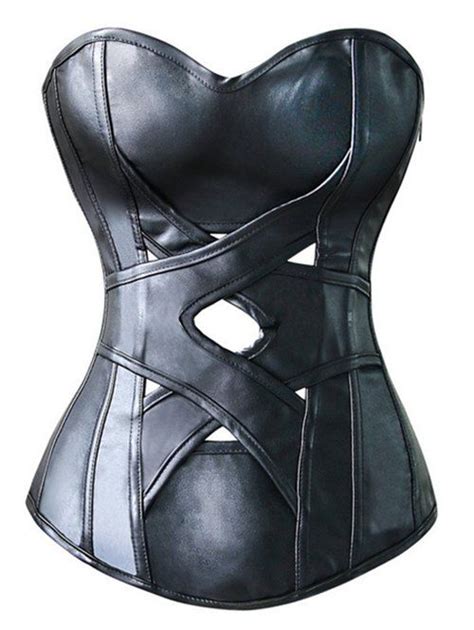 Faux Leather Cut Out Criss Cross Corset Black Xl In Corset And Bustiers