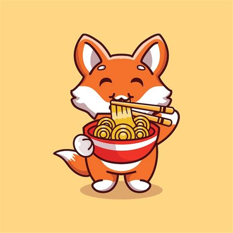 Netter Fuchs Der Ramen Nudeln Mit Essstäbchen Karikatur Ikonenillustration Isst Premium Vektor