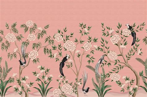 Chinoiserie Pink Flowers Pink Background Wallpaper Peel And Etsy