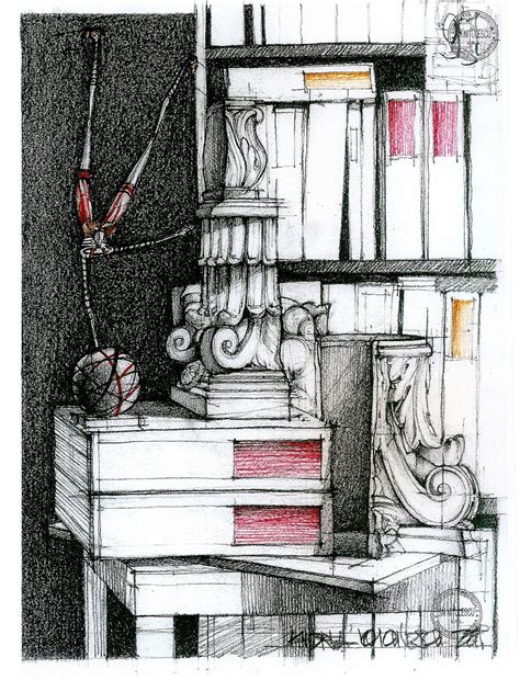 A Drawing Of A Book Shelf With Books And A Ball Of Yarn Sitting On It