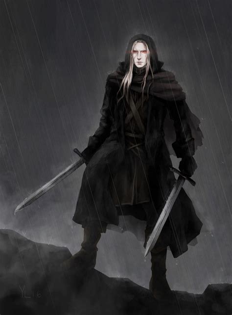 A Man In Black Coat Holding Two Swords On Top Of A Hill With Dark