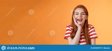Cute Cheerful Smiling Redhead Woman Talking Friends Laughing Out Loud Happily Showing Healthy